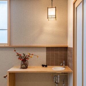 ボーダータイルで落ち着いた印象の和モダン手洗い