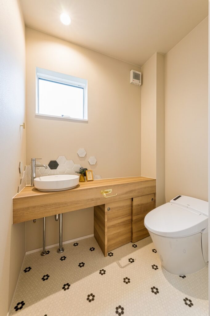 幅にゆとりを持たせたWC。収納カウンターは台形状にすることで、大きな手洗いボウルも設置可能に